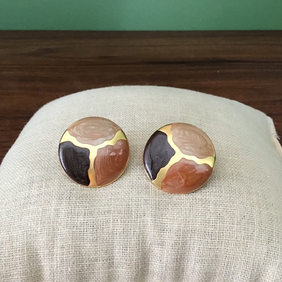 Vintage 80’s Earthy & Gold Tone Pierced Earrings Round Lightweight - Picture 4 of 16